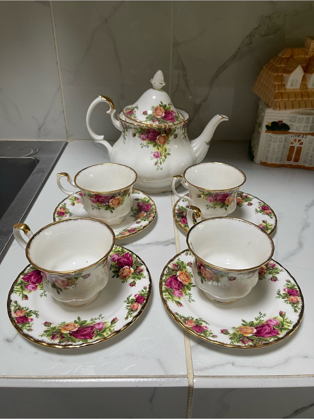 Royal Albert Pink and Yellow Floral Teapot and Tea Cup Set